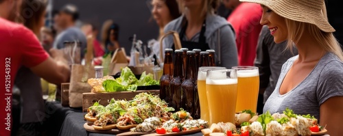 A woman enjoys food and drinks at an outdoor market, surrounded by fresh dishes, beer, and a lively crowd.
