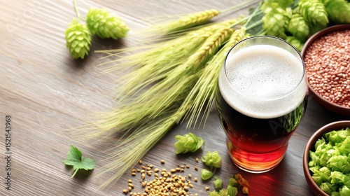 A glass of dark beer surrounded by barley, hops, malt, and grains on a wooden table.