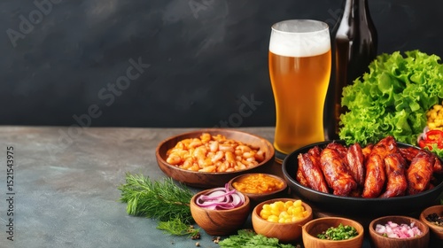 Grilled chicken wings, beans, fresh vegetables, and a glass of beer arranged on a rustic table.