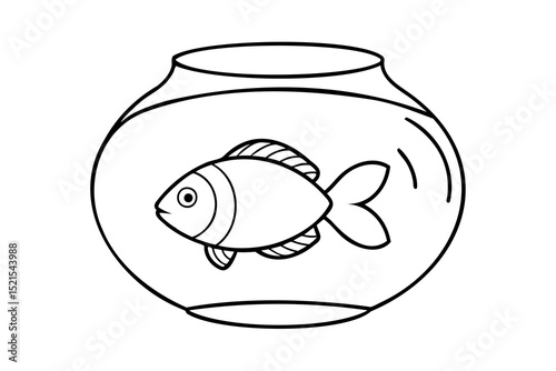 Single fish swimming in a round fishbowl line drawing