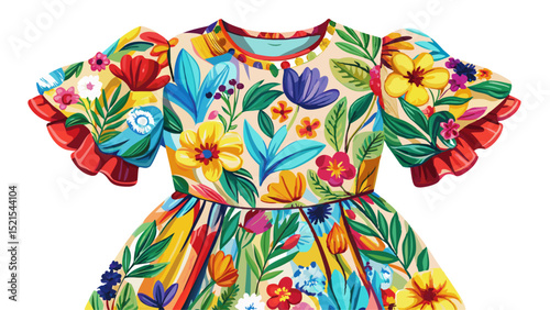 Colorful floral spring dress with puff sleeves and ruffle hem, displayed close-up on a clean white canvas. A joyful and vibrant outfit for sunny garden vector illustrations.


