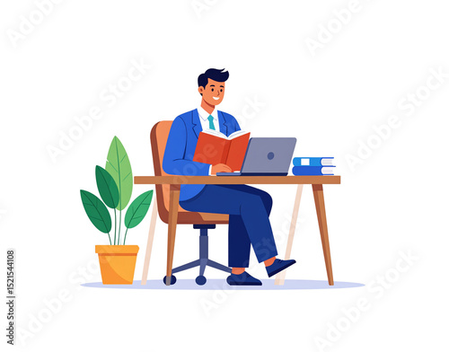 Smiling man in blue suit reading a book at his desk with laptop