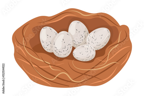 Bird's nest made of branches with eggs. Vector texture drawing of clutch of eggs. Several light colored eggs with dark spots in brown house.