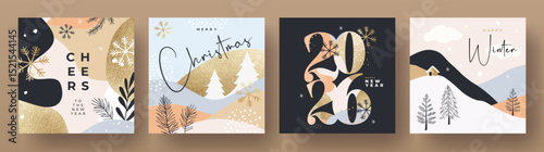 Merry Christmas and Happy New Year's Eve 2026 set of greeting card, poster, web banner, holiday cover. Xmas design template in trendy boho style with doodles for ads, sales, print and season greetings