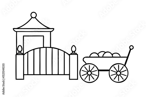 Line drawing of elegant gate and wagon with balls