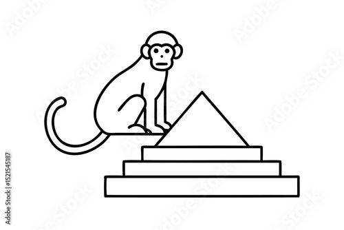 Monkey sitting atop pyramid steps line drawing illustration