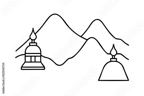 Line drawing of two structures atop mountains