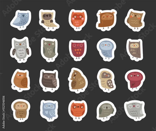 Owl character scandinavian style set created for cute woodland bird designs with feathers, wings, beak and cozy animal illustrations in kids themed projects