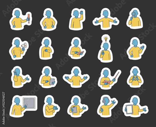 Abstract guide character set with hands, books, signs, boards, devices, emotions, communication, presentation, teaching, reading, message, symbols, approval, music, and expressive human poses