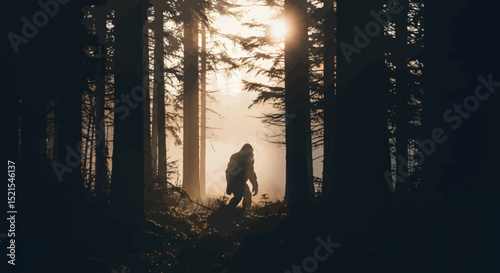 Mysterious Silhouette of Bigfoot Walking Through a Forest Clearing.