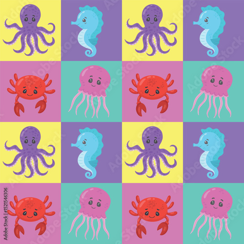 A pattern depicting octopuses, seahorses and fish.