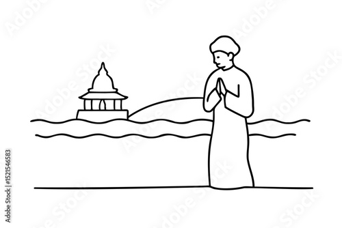 Person praying by water near temple line drawing