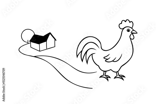 Rooster line drawing farm house rural scene illustration
