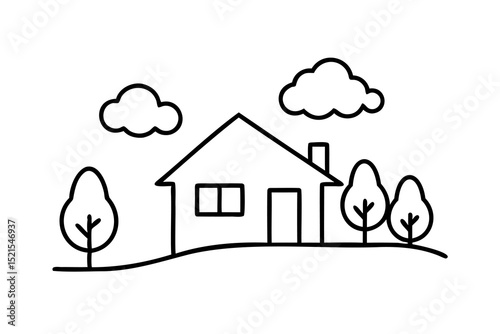 Simple line drawing house suburban home landscape illustration