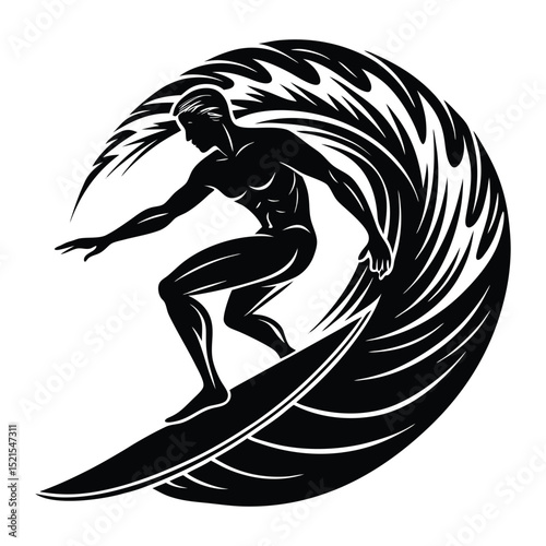 Surfer Riding Ocean Wave Black and White Art