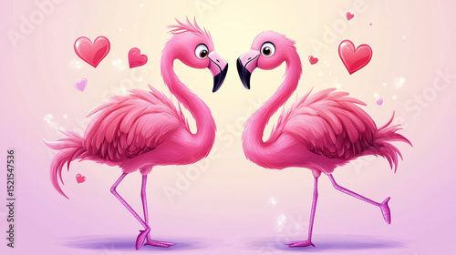 Two cartoon flamingos exchanging affection with hearts in the background  