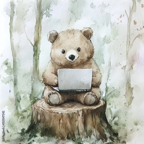Cute bear sitting on tree stump using laptop in a forest setting  