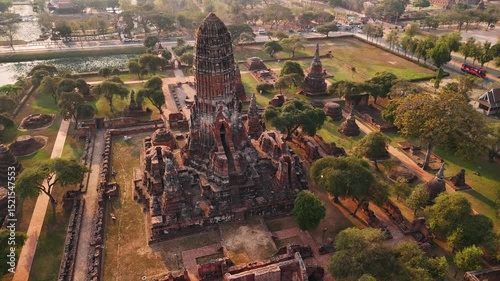 Majestic wat yai chaimongkol temple Aerial View, ancient ruins of Ayutthaya historical park, Thailand. photo
