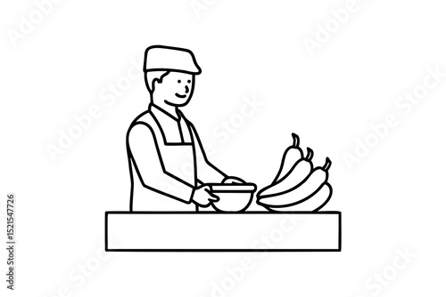 Line drawing of a grocer preparing peppers