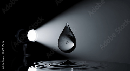 Illuminated Water Drop Above Ripples, Dramatic Lighting and Reflection.