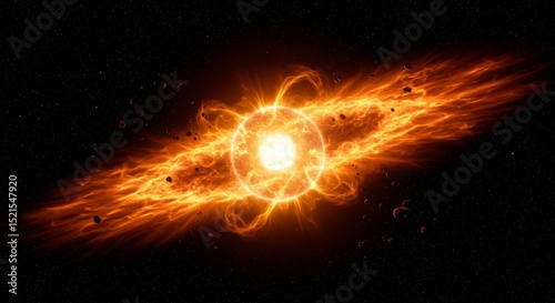 Fiery solar flare explosion with radiant plasma waves expanding from a central glowing sphere, set against a black void with embers drifting in space