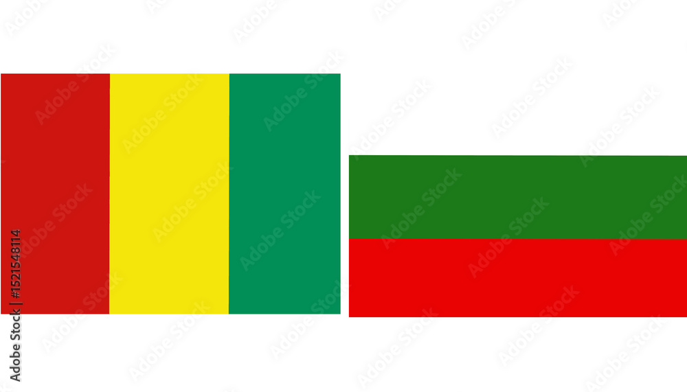 Obraz premium Guinea Official flag with Bulgaria national flag, both countries flags in Horizontal shape and isolated on white background Rectangular colorful design Flag with together.