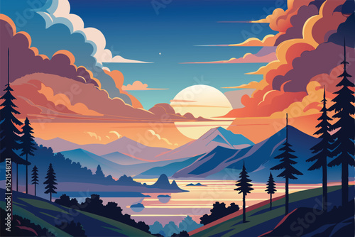 Serene Sunset Landscape Mountain Lake and Colorful Sky Illustration