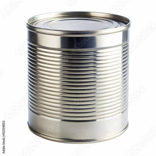 Isolated studio shot of a shiny metallic canned food product on a white background