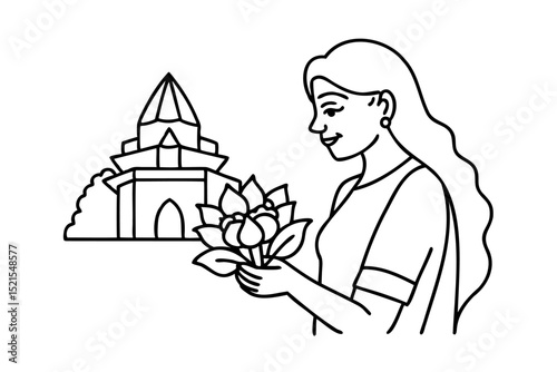 Woman holding flowers near a temple line drawing