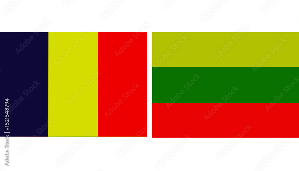 Obraz premium Romania Official flag with Lithuania national flag, both countries flags in Horizontal shape and isolated on white background Rectangular colorful design Flag with together.