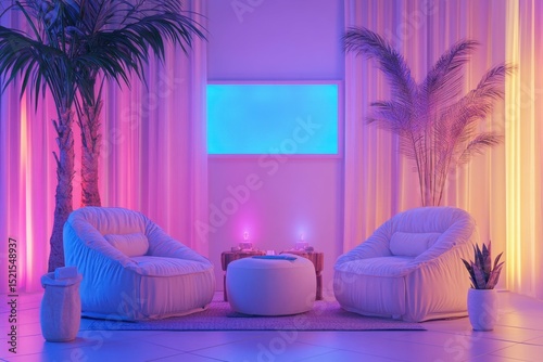 clear pixel picture of Light chill room interior with seats and decoration mockup frame high detail