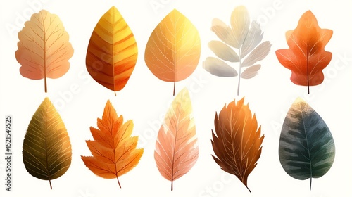 A collection of ten illustrated autumn leaves in various shapes and warm colors, arranged in two rows on a white background.