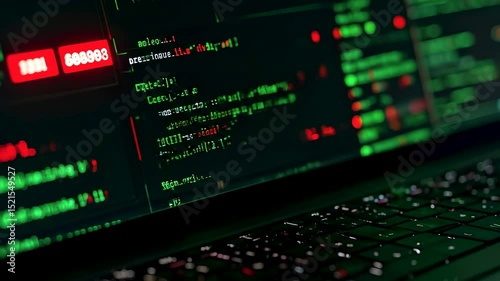 Close-up of a dimly lit laptop displaying green and red code on screen, representing dark web data leaks, hacking activity, and cybersecurity threats in a covert digital environment.