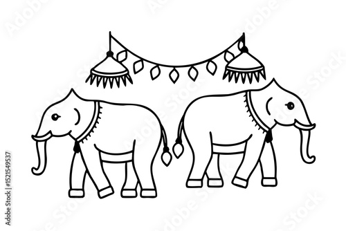 Two decorated elephants line drawing festive garland