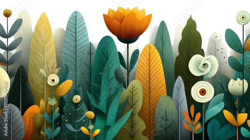 A colorful, stylized illustration of various abstract plants and flowers in a whimsical, nature-inspired landscape.