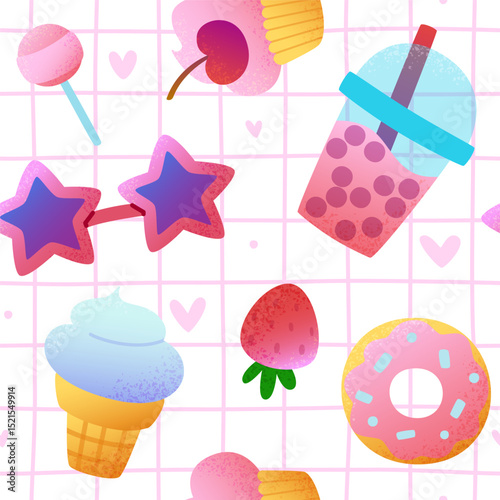 Pink sweets girly pattern. Seamless vector print with cute  summer desserts and drink.