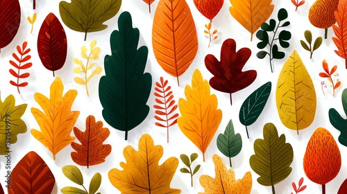 A colorful pattern of various autumn leaves in red, orange, yellow, and green on a white background.