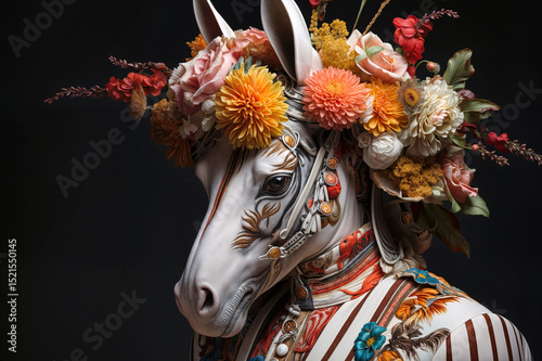 Surreal anthropomorphic horse portrait in ornate striped costume. Floral crown of chrysanthemums, roses, and hibiscus. Detailed fantasy art with botanical and cultural motifs.