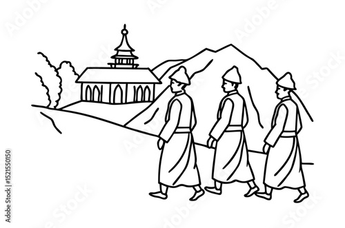 Three men in traditional clothing walking towards a temple line drawing