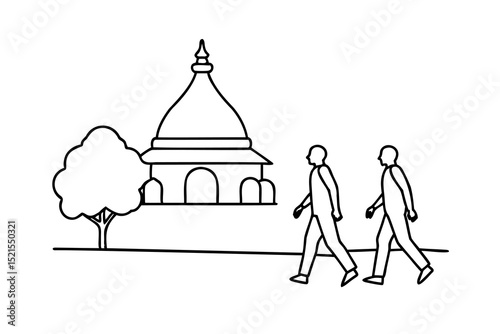 Two men walking past a temple line drawing illustration