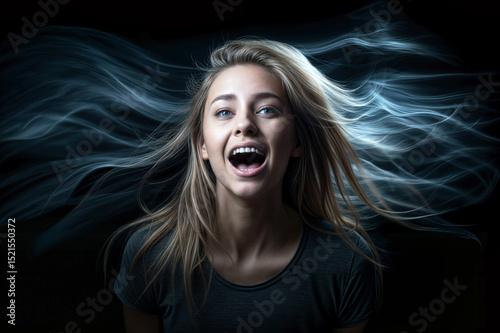 Energetic young woman with flowing blonde hair and expressive face. Dynamic portrait with wind and motion effects in dark dramatic lighting.