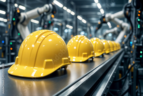 A conveyor belt in an industrial facility displays a series of yellow safety helmets, with robotic arms operating in the background, emphasizing automation in manufacturing safety gear production.