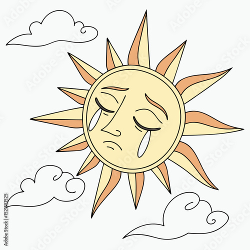Sad Sun Crying With Clouds Emotional Cartoon Graphic