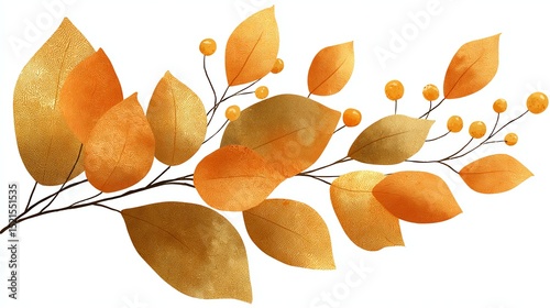 Artistic illustration of golden-orange autumn leaves and berries on a branch, set against a white background.