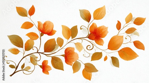 Elegant floral branch with orange and yellow leaves and flowers on a white textured background.