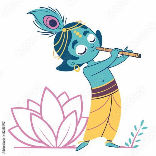 Krishna Playing Flute Cartoon Illustration