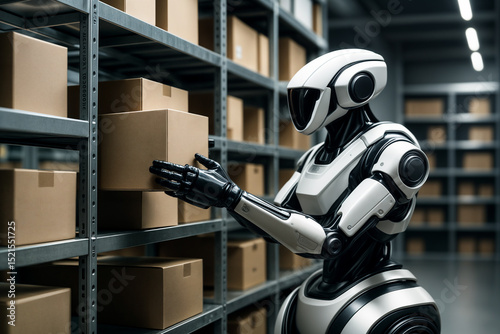A futuristic robot efficiently manages warehouse inventory by handling boxes on metal shelves, illustrating advanced automation and robotic technology in logistics.
