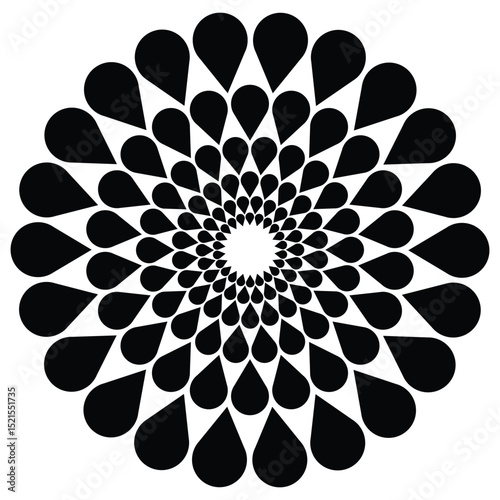 Bold black teardrop shapes form a symmetrical, concentric spiral pattern on pure white. Abstract, geometric design creates hypnotic movement and serene calm. Flat, two-dimensional, graphic style. 
