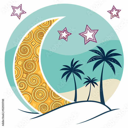 Tropical Crescent Moon Island Vector Summer Dream