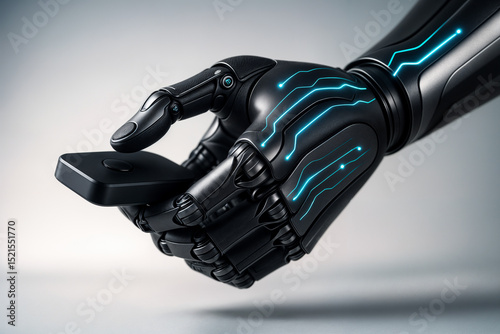 Close-up of a futuristic robotic hand holding a sleek black device, featuring illuminated blue circuit patterns, symbolizing advanced technology and artificial intelligence.